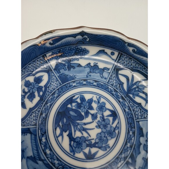 Vintage Japanese Jitsu-To Cobalt Blue Mt. Fuji Porcelain Shallow Bowl - Picture 5 of 7